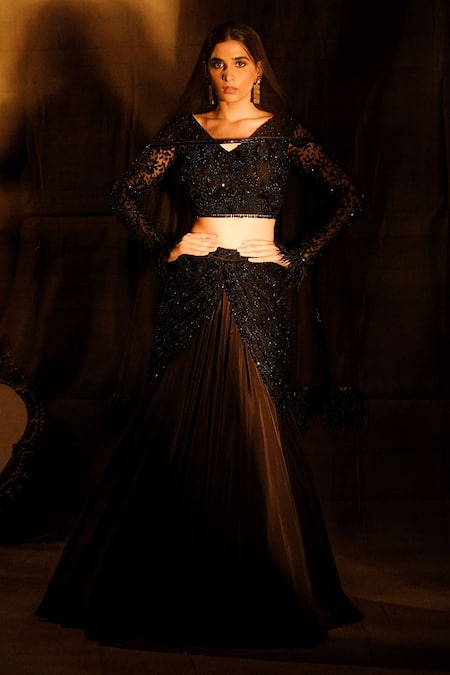 Buy_Nayantaara_Black Crepe, Net Sequins, Beads, Tassels Goddess Layered Lehenga Blouse Set _Online_at_Aza_Fashions