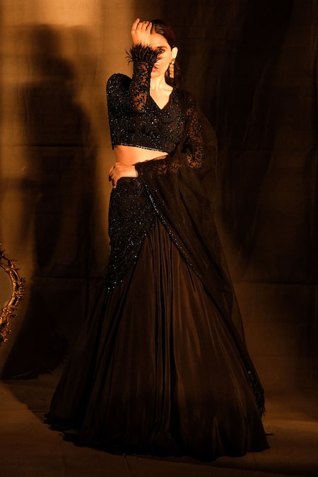 Shop_Nayantaara_Black Crepe, Net Sequins, Beads, Tassels Goddess Layered Lehenga Blouse Set _Online_at_Aza_Fashions