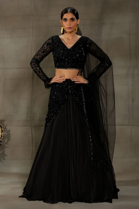 Nayantaara_Black Crepe, Net Sequins, Beads, Tassels Goddess Layered Lehenga Blouse Set _at_Aza_Fashions