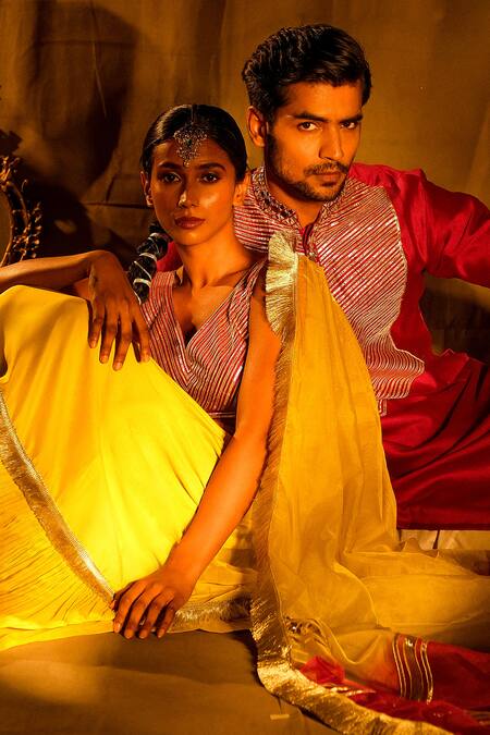 Nayantaara_Yellow Chanderi Silk, Organza Gota Patti V-neck Mughal Lehenga Set _Online_at_Aza_Fashions