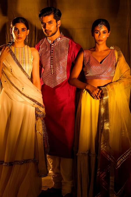 Buy_Nayantaara_Yellow Chanderi Silk, Organza Gota Patti V-neck Mughal Lehenga Set _Online_at_Aza_Fashions