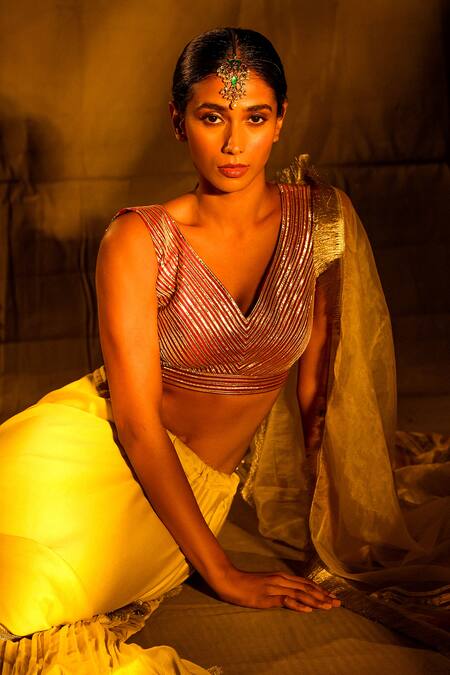 Shop_Nayantaara_Yellow Chanderi Silk, Organza Gota Patti V-neck Mughal Lehenga Set _Online_at_Aza_Fashions