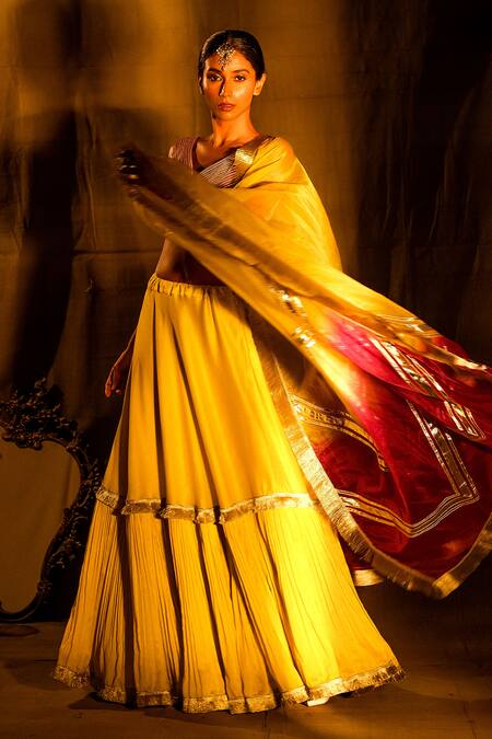 Nayantaara_Yellow Chanderi Silk, Organza Gota Patti V-neck Mughal Lehenga Set _at_Aza_Fashions
