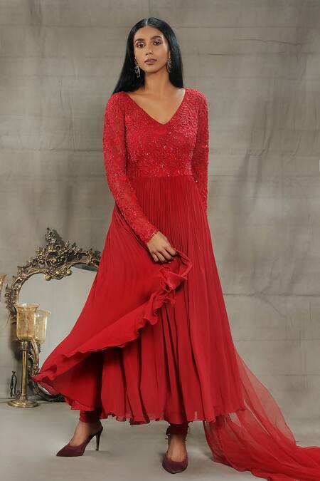 Buy_Nayantaara_Red Georgette, Cotton, Silk Embroidery, Sequins, Self Love Yoke Anarkali Set _Online_at_Aza_Fashions