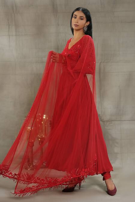 Shop_Nayantaara_Red Georgette, Cotton, Silk Embroidery, Sequins, Self Love Yoke Anarkali Set _Online_at_Aza_Fashions