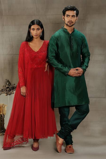 Nayantaara_Red Georgette, Cotton, Silk Embroidery, Sequins, Self Love Yoke Anarkali Set _at_Aza_Fashions