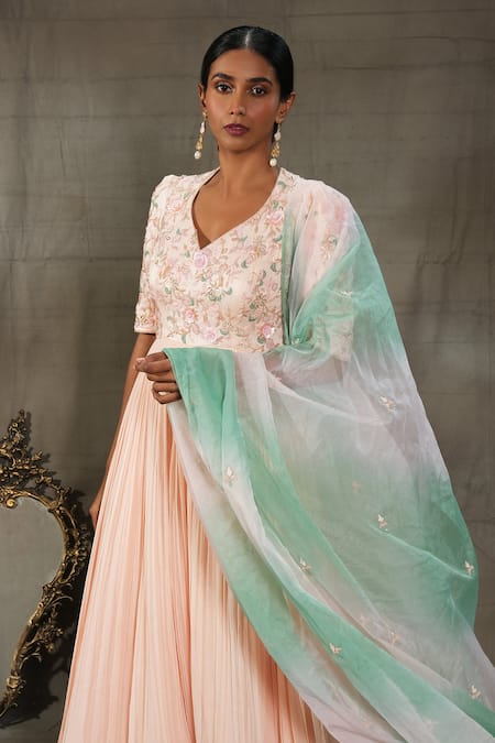 Nayantaara_Peach Bamboo, Georgette, Organza Sequins, Cut Work, Floral Yoke Anarkali Set _Online_at_Aza_Fashions