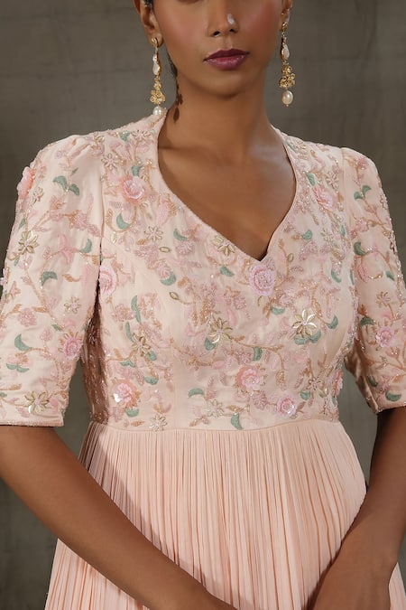 Buy_Nayantaara_Peach Bamboo, Georgette, Organza Sequins, Cut Work, Floral Yoke Anarkali Set _Online_at_Aza_Fashions