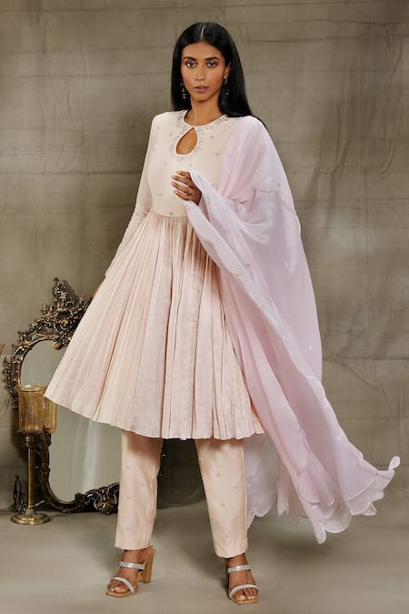 Shop Nayantaara Beige Chanderi Silk, Satin, Organza Embroidery Keyhole Neck Anarkali Set Online at Aza Fashions Shop_Nayantaara_Beige Chanderi Silk, Satin, Organza Embroidery Keyhole Neck Anarkali Set _Online_at_Aza_Fashions