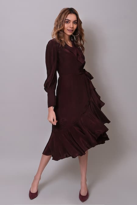 Nayantaara_Wine Crepe Delicious Wrap Tiered Dress _Online_at_Aza_Fashions