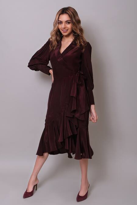 Buy_Nayantaara_Wine Crepe Delicious Wrap Tiered Dress _Online_at_Aza_Fashions