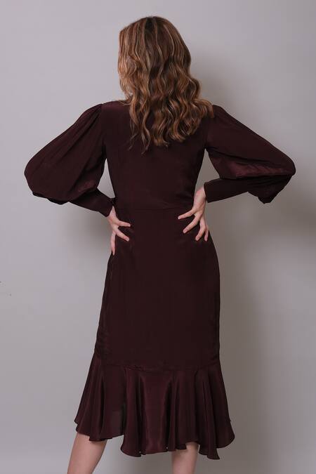 Nayantaara_Wine Crepe Delicious Wrap Tiered Dress _at_Aza_Fashions