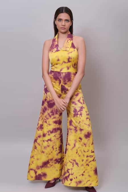 Nayantaara Yellow Bamberg Satin Tie Dye Abstract Pattern Halter Collar Flared Jumpsuit 