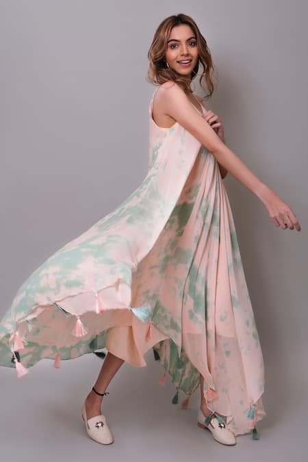 Buy_Nayantaara_Peach Georgette Tassels V-neck Sherry Tie Dyed Handkerchief Dress _Online_at_Aza_Fashions