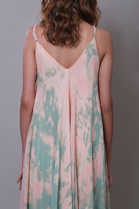 Nayantaara_Peach Georgette Tassels V-neck Sherry Tie Dyed Handkerchief Dress _at_Aza_Fashions