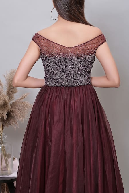 Shop_Nayantaara_Wine Swiss Net Embroidered Sequin And Cut Dana Work Off Shoulder Fairylane Gown _at_Aza_Fashions