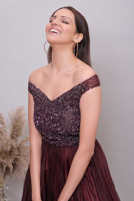 Buy_Nayantaara_Wine Swiss Net Embroidered Sequin And Cut Dana Work Off Shoulder Fairylane Gown _Online_at_Aza_Fashions