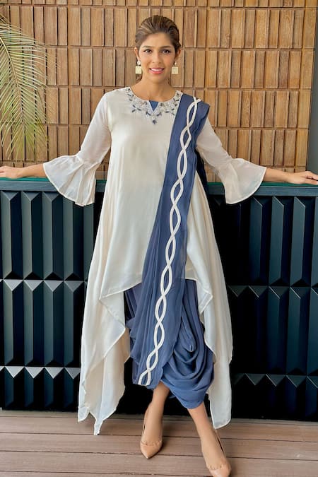 Buy Blue Kurta Crepe Pearl And Resham Work High Low & Dhoti Set For Women  by Two Sisters By Gyans Online at Aza Fashions.