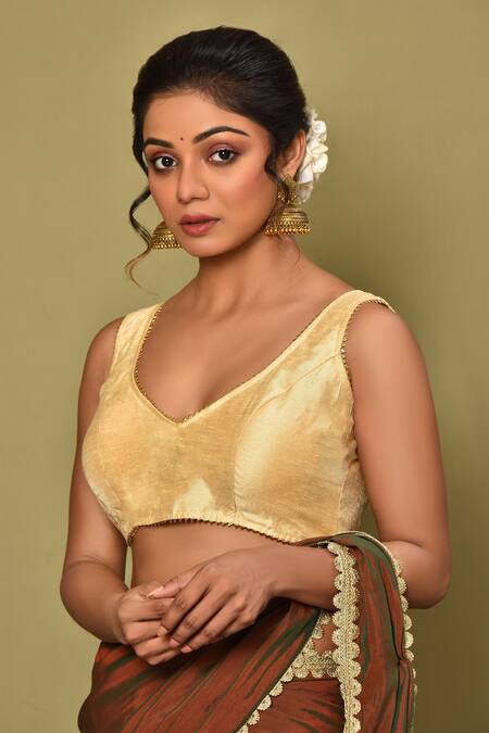 Buy_Samyukta Singhania_Gold Silk Lace Asymmetric Border Embroidered Sleeveless Blouse_Online_at_Aza_Fashions