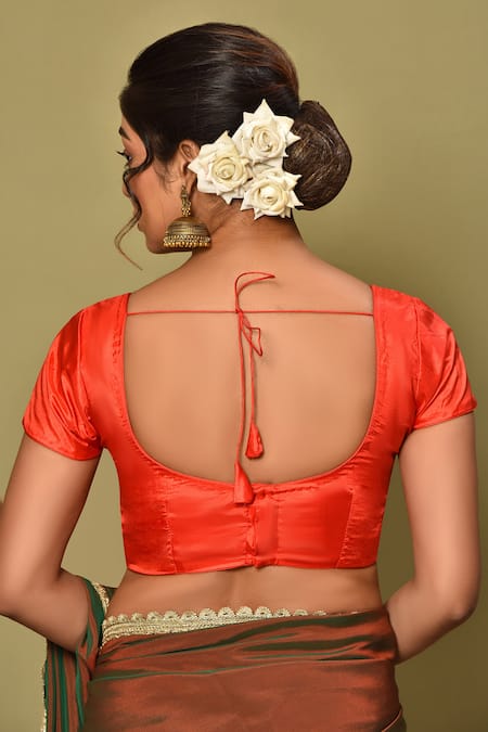 Shop_Samyukta Singhania_Red Silk Asymmetric Solid Half Sleeve Blouse_at_Aza_Fashions