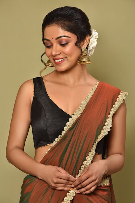 Buy_Samyukta Singhania_Black Silk Lace Asymmetric Border Embroidered Blouse_Online_at_Aza_Fashions