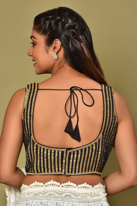Buy Black Dupion Silk Embroidered Pearl And Zircon Work Leaf Neck