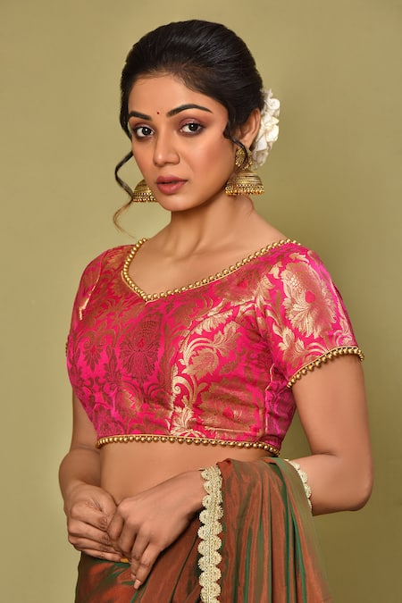 Samyukta Singhania_Pink Brocade Pearls Asymmetric Banarasi Woven Blouse_Online_at_Aza_Fashions
