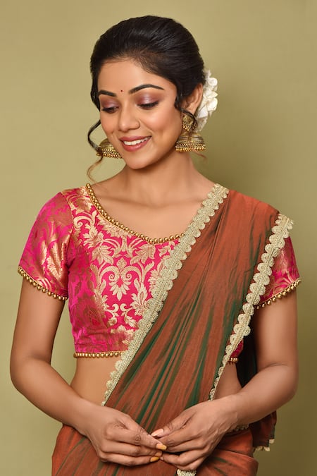 Shop_Samyukta Singhania_Pink Brocade Pearls Asymmetric Banarasi Woven Blouse_Online_at_Aza_Fashions