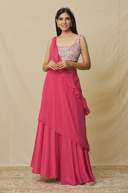 Vasavi Shah Pink Russian Silk Embroidered Stone Round Skirt Set With Ruffle Drape 
