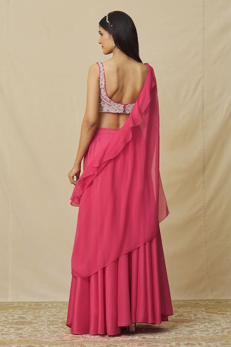 Shop Vasavi Shah Pink Organza, Cotton, Silk Embroidery, Stones Round Skirt Set With Ruffle Drape at Aza Fashions Shop_Vasavi Shah_Pink Organza, Cotton, Silk Embroidery, Stones Round Skirt Set With Ruffle Drape _at_Aza_Fashions