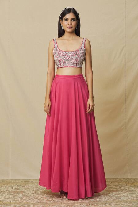 Buy Vasavi Shah Pink Organza, Cotton, Silk Embroidery, Stones Round Skirt Set With Ruffle Drape Online at Aza Fashions Buy_Vasavi Shah_Pink Organza, Cotton, Silk Embroidery, Stones Round Skirt Set With Ruffle Drape _Online_at_Aza_Fashions