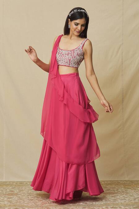 Shop Vasavi Shah Pink Organza, Cotton, Silk Embroidery, Stones Round Skirt Set With Ruffle Drape Online at Aza Fashions Shop_Vasavi Shah_Pink Organza, Cotton, Silk Embroidery, Stones Round Skirt Set With Ruffle Drape _Online_at_Aza_Fashions