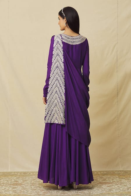 Shop Vasavi Shah Purple Cotton, Silk Embroidery, Sequins, Gota Anarkali With Draped Dupatta at Aza Fashions Shop_Vasavi Shah_Purple Cotton, Silk Embroidery, Sequins, Gota Anarkali With Draped Dupatta _at_Aza_Fashions