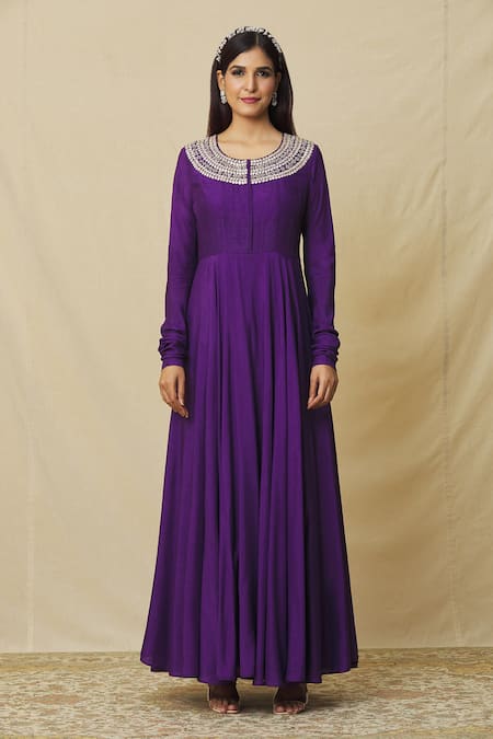Vasavi Shah Purple Cotton, Silk Embroidery, Sequins, Gota Anarkali With Draped Dupatta Online at Aza Fashions Vasavi Shah_Purple Cotton, Silk Embroidery, Sequins, Gota Anarkali With Draped Dupatta _Online_at_Aza_Fashions
