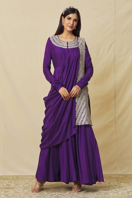 Buy Vasavi Shah Purple Cotton, Silk Embroidery, Sequins, Gota Anarkali With Draped Dupatta Online at Aza Fashions Buy_Vasavi Shah_Purple Cotton, Silk Embroidery, Sequins, Gota Anarkali With Draped Dupatta _Online_at_Aza_Fashions