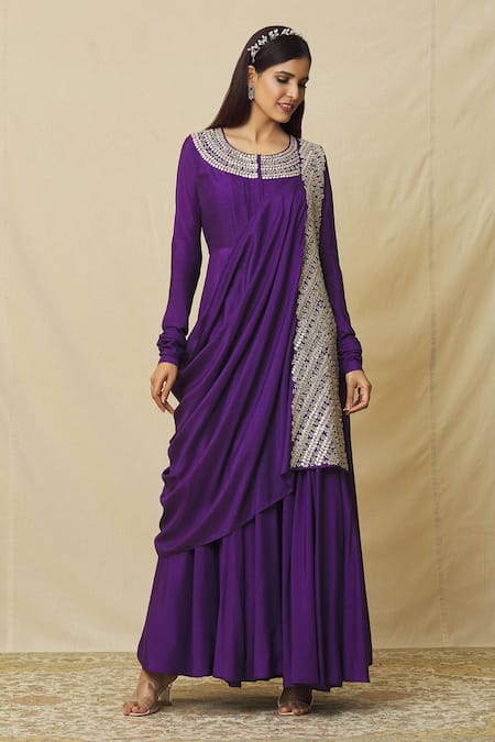 Shop Vasavi Shah Purple Cotton, Silk Embroidery, Sequins, Gota Anarkali With Draped Dupatta Online at Aza Fashions Shop_Vasavi Shah_Purple Cotton, Silk Embroidery, Sequins, Gota Anarkali With Draped Dupatta _Online_at_Aza_Fashions