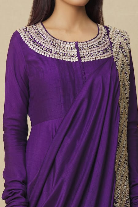 Vasavi Shah Purple Cotton, Silk Embroidery, Sequins, Gota Anarkali With Draped Dupatta at Aza Fashions Vasavi Shah_Purple Cotton, Silk Embroidery, Sequins, Gota Anarkali With Draped Dupatta _at_Aza_Fashions