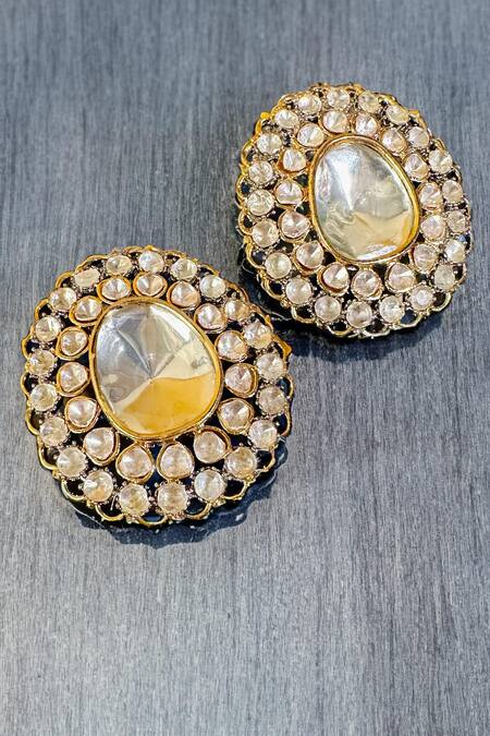 Nayaab By Sonia_Gold Plated Diamonds, Stones Roshanara Victorian Moissanite Polki Studs_Online_at_Aza_Fashions