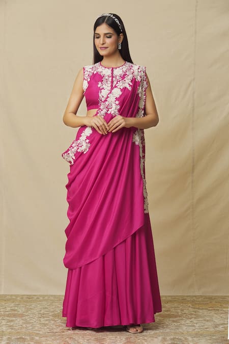 Vasavi Shah Pink Russian Silk Embroidered Thread Round Skirt Set With Pearl Drape 