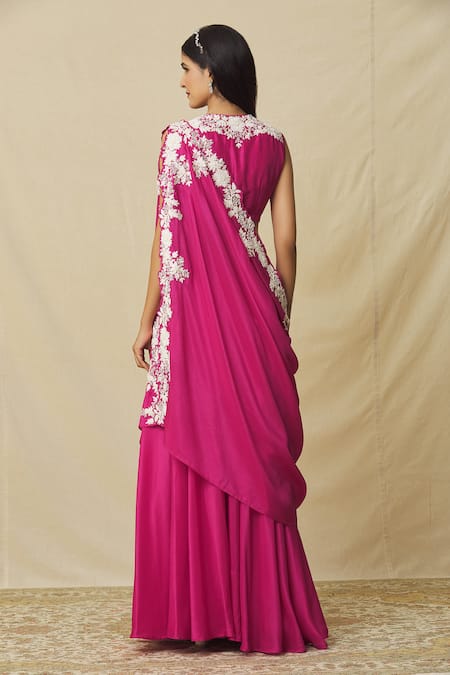 Shop_Vasavi Shah_Pink Silk, Cotton, Organza Embroidery, Pearls Round Neck Skirt Set With Drape _at_Aza_Fashions