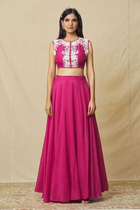 Vasavi Shah_Pink Silk, Cotton, Organza Embroidery, Pearls Round Neck Skirt Set With Drape _Online_at_Aza_Fashions