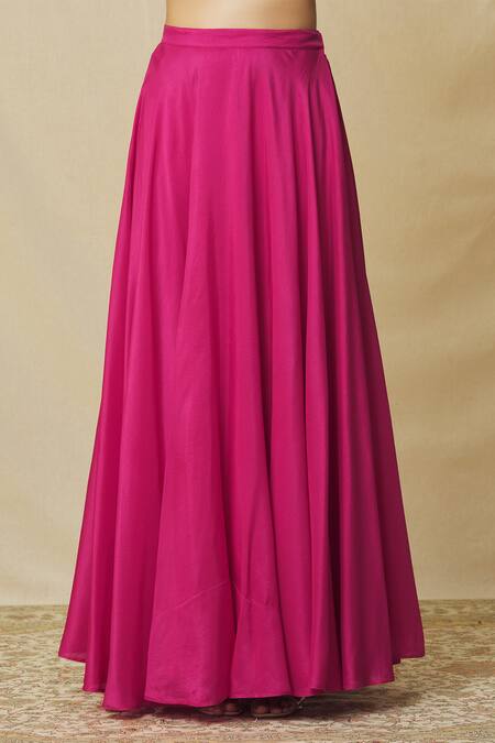 Buy_Vasavi Shah_Pink Silk, Cotton, Organza Embroidery, Pearls Round Neck Skirt Set With Drape _Online_at_Aza_Fashions