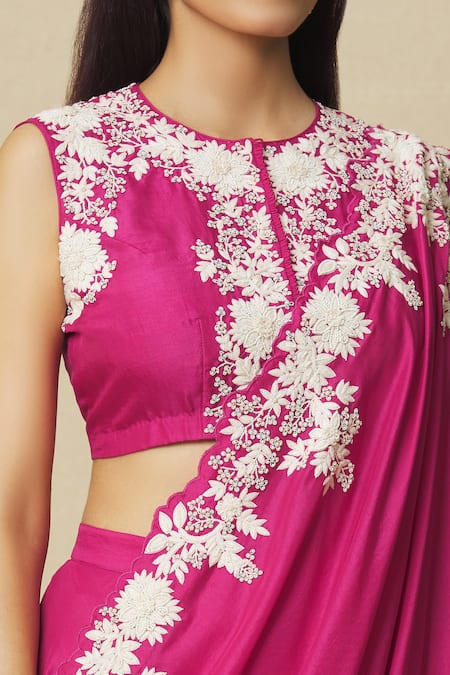 Shop_Vasavi Shah_Pink Silk, Cotton, Organza Embroidery, Pearls Round Neck Skirt Set With Drape _Online_at_Aza_Fashions