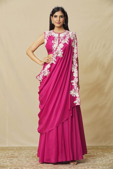 Vasavi Shah_Pink Silk, Cotton, Organza Embroidery, Pearls Round Neck Skirt Set With Drape _at_Aza_Fashions