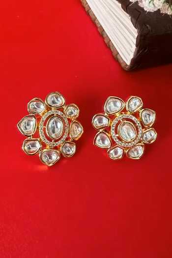 Nayaab By Sonia_Gold Plated Moissanite Polki Nisa Blossom Studs_Online_at_Aza_Fashions