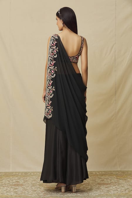 Shop Vasavi Shah Black Organza, Cotton, Silk Embroidery Round Neck Palazzo Set With Drape at Aza Fashions Shop_Vasavi Shah_Black Organza, Cotton, Silk Embroidery Round Neck Palazzo Set With Drape _at_Aza_Fashions