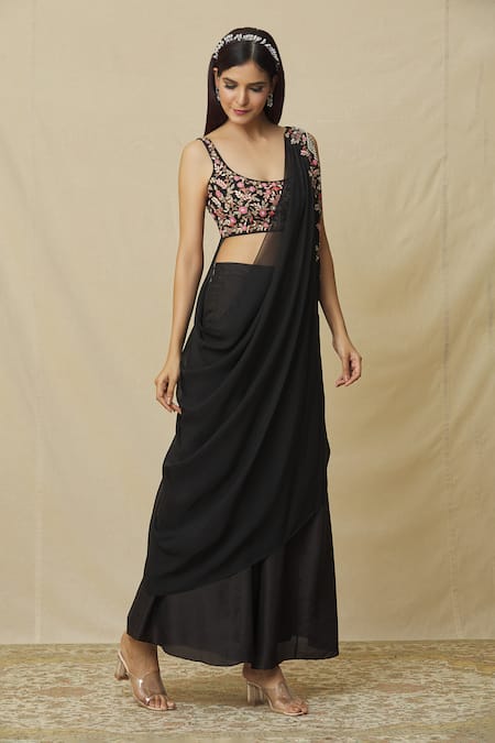 Vasavi Shah Black Organza, Cotton, Silk Embroidery Round Neck Palazzo Set With Drape at Aza Fashions Vasavi Shah_Black Organza, Cotton, Silk Embroidery Round Neck Palazzo Set With Drape _at_Aza_Fashions