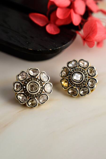 The Alchemy Studio Silver Plated Embellished Flower Uncut Diamond Studs 