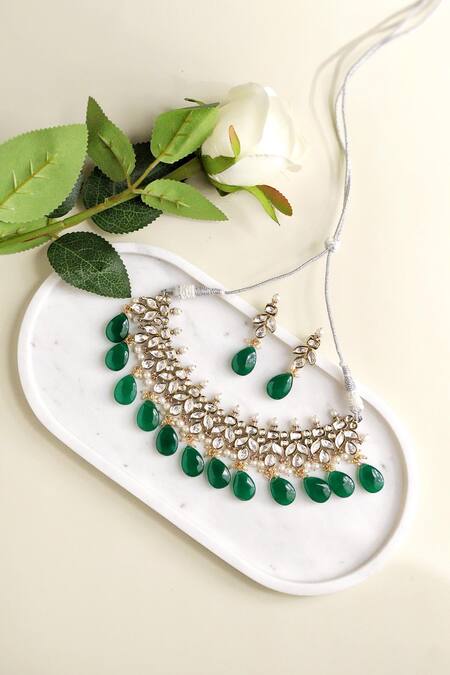Shop Curio Cottage Green Semi-precious Stones, Pearl And Kundan Embellished Glow Getter Necklace Set at Aza Fashions Shop_Curio Cottage_Green Semi-precious Stones, Pearl And Kundan Embellished Glow Getter Necklace Set_at_Aza_Fashions