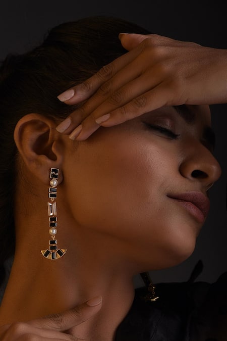 Zeeya Luxury Jewellery Black Stone Geometric Motif Tiered Earrings